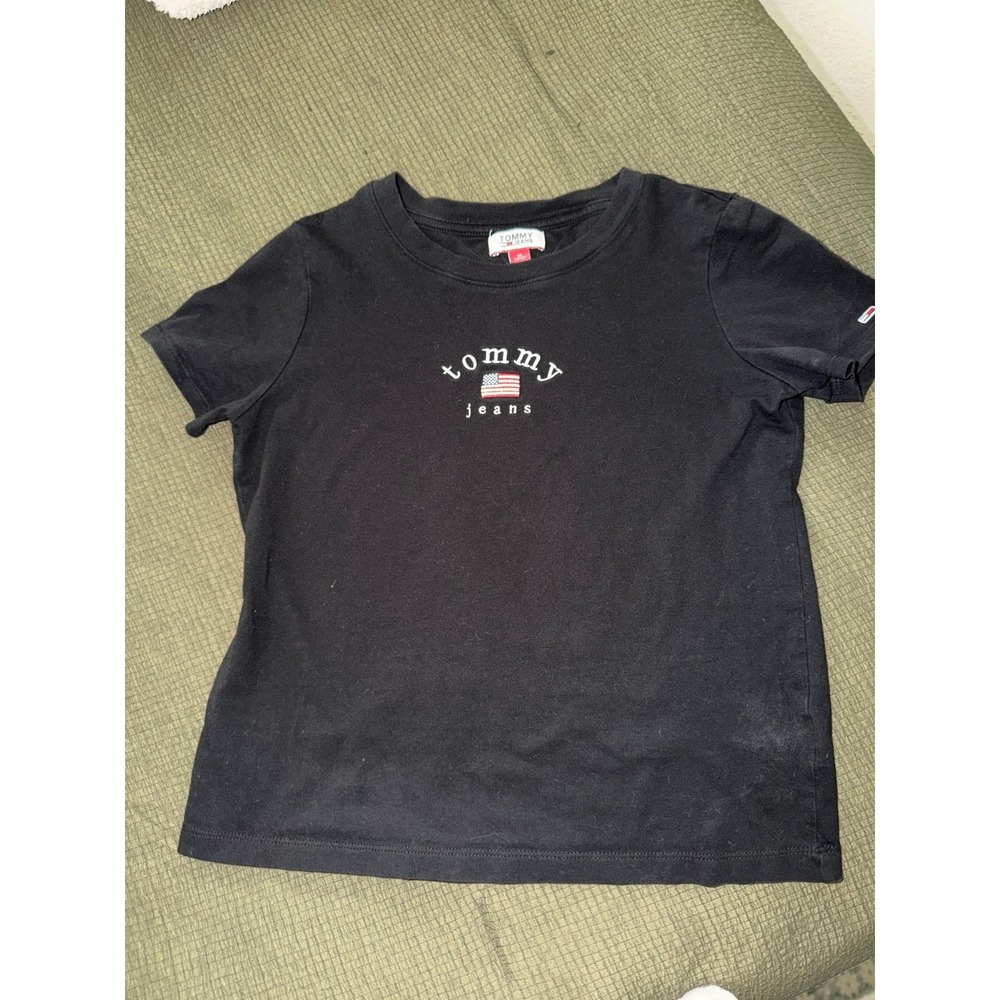 Tommy Jeans Black Baby Tee T-Shirt with American Flag Detail